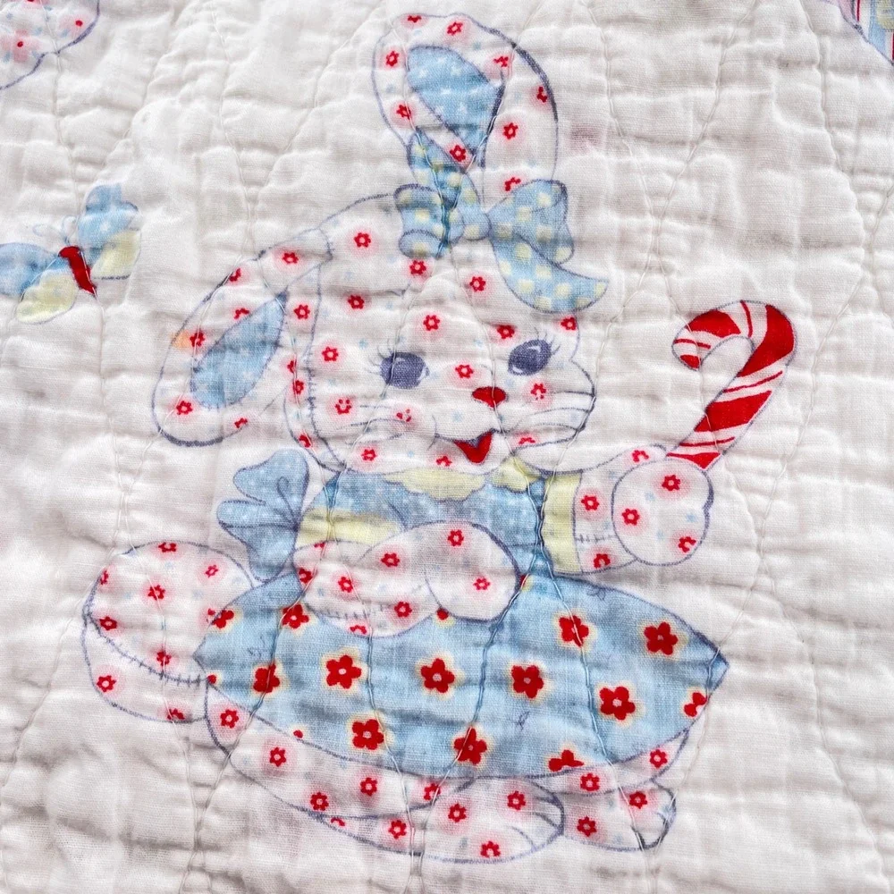 Vintage Quilted Baby Blanket Pastel Ruffled Circus Animal Elephant Bear Bunny